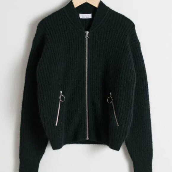 & Other Stories Zipper Wool Bomber Sweater Cardigan in green, size medium - Picture 2 of 6
